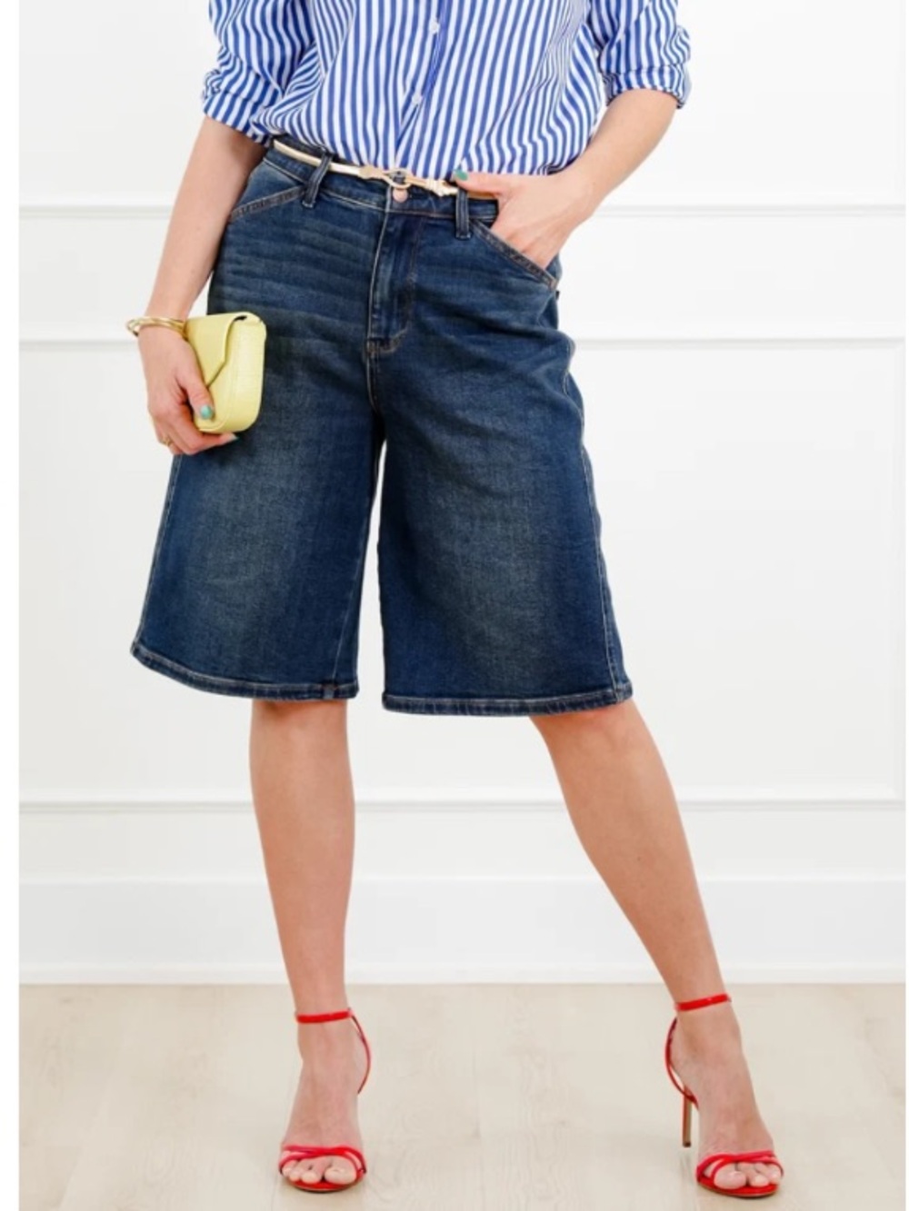 New Judy Blue High Waist Bermuda Long Jean Shorts Jorts 1X Dark Stretch JB152111